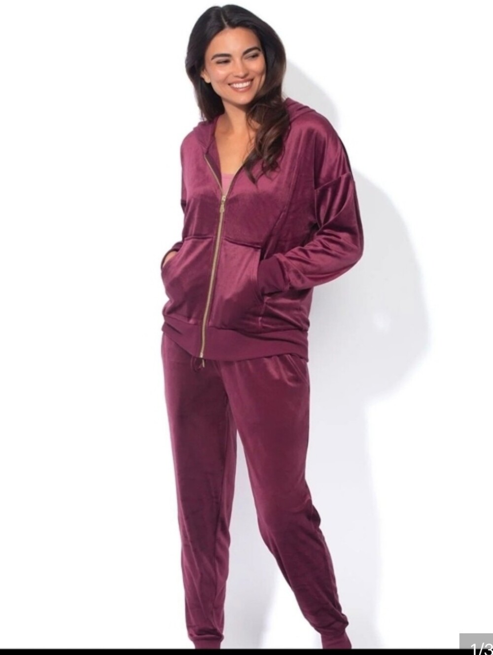 Felina Velvet Burgandy Wine Plush Jogger Set - Zip Hoodie & Drawstring Pants XS